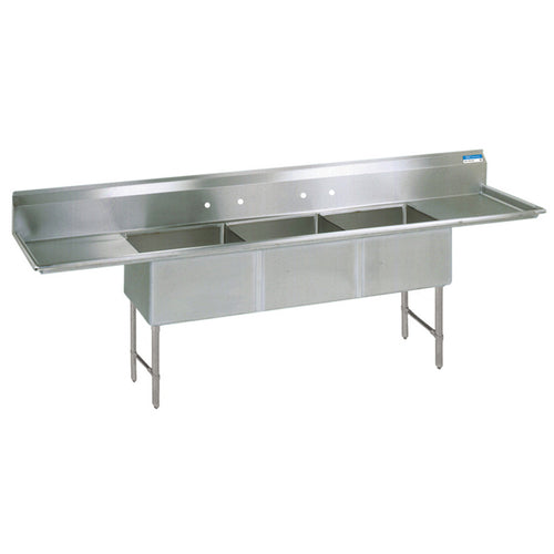 Stainless Steel 3 Compartments Sink 10" Riser & Drainboards 24" x 24" x 14" D Bowls-cityfoodequipment.com
