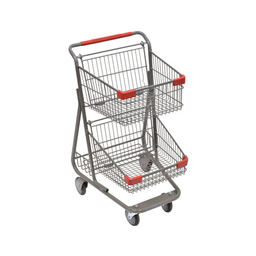 Two Tier Double Basket Grey Metal Grocery Shopping Cart with Double Baskets for Convenience Stores-cityfoodequipment.com