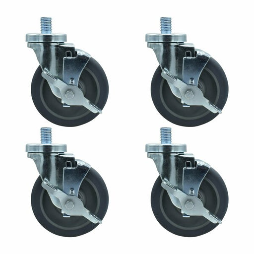 Set of (4) 5" Gray Rubber Wheel 3/4"-10x1" Threaded Stem Swivel Casters With Top Lock Brake-cityfoodequipment.com