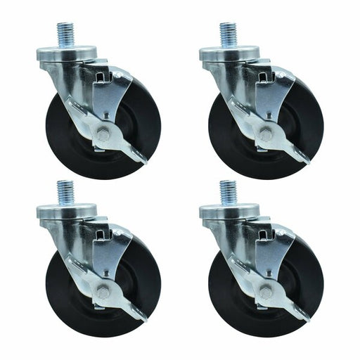 Set of (4) 5" Hard Rubber Wheel 3/4"-10x1" Threaded Stem Swivel Casters With Top Lock Brake-cityfoodequipment.com