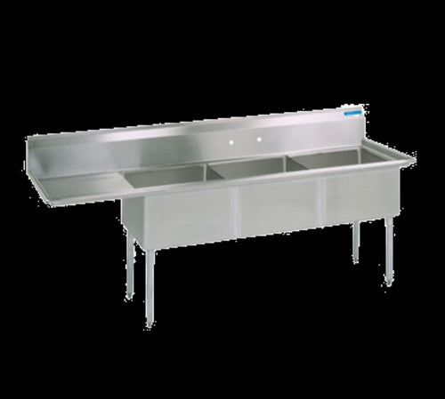 Stainless Steel 3 Compartments Sink w/ Left Drainboard 15" x 15" x 14" D Bowls-cityfoodequipment.com