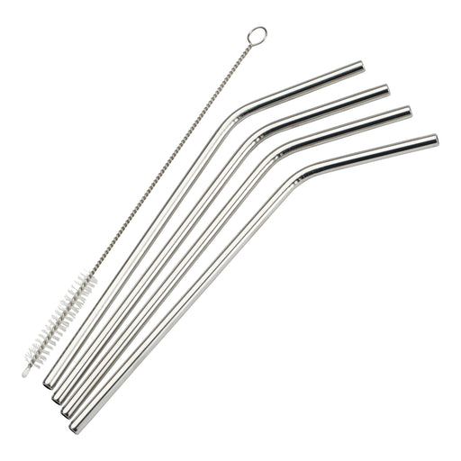 Drinking Straw Set, 5-Pc: 4 straws, 1 brush, 1/4"Dia x 8-1/2"H, Curved, 18/8 SS (12 Set)-cityfoodequipment.com