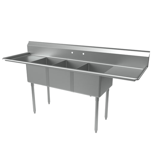 S/S 3 Compartments Sink w/ & Dual 18" Drainboards 16" x 20" x 12" D Bowls-cityfoodequipment.com